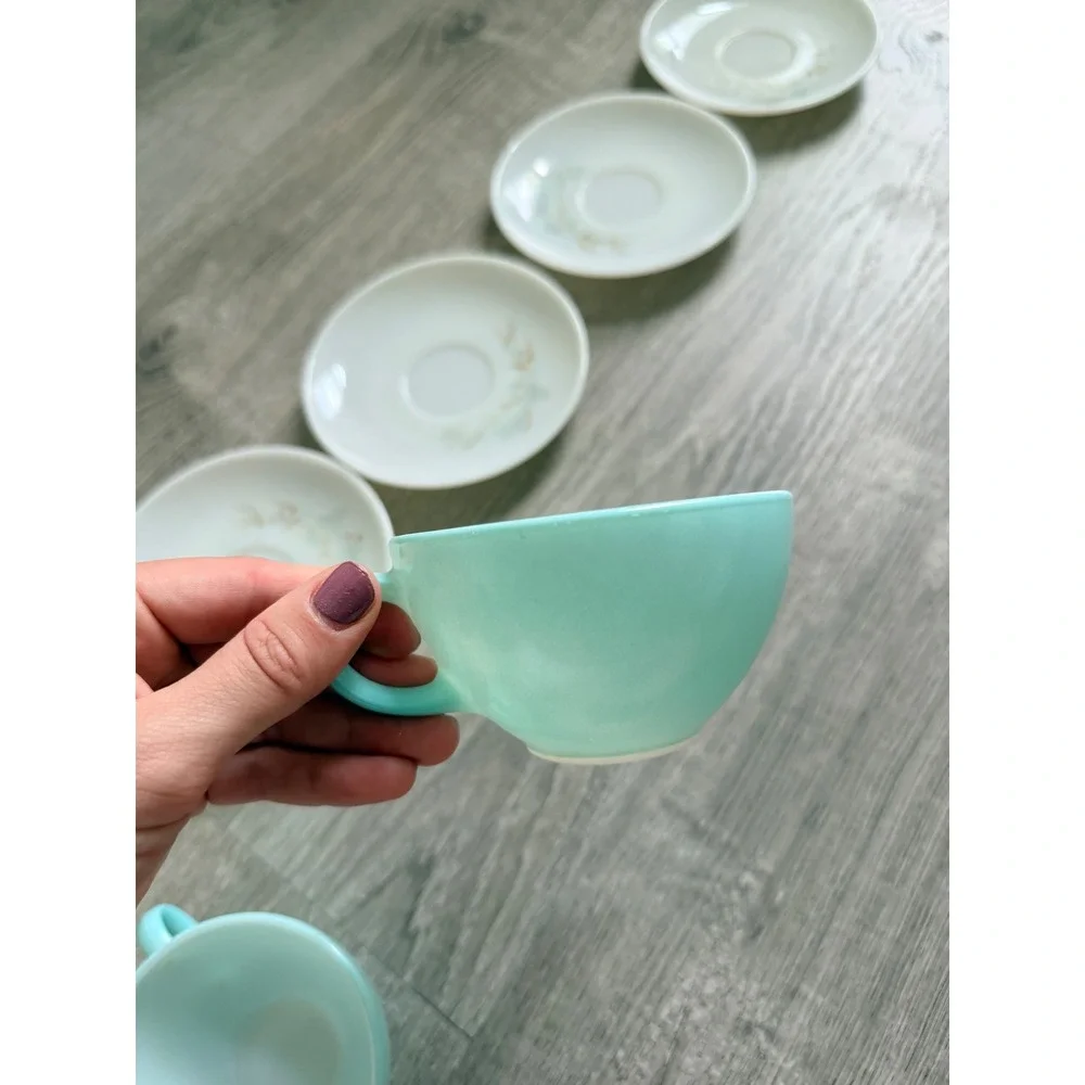 Vintage Pyrex Family‎ Flair Aqua Cups and Pine Needle Saucers Set of 6